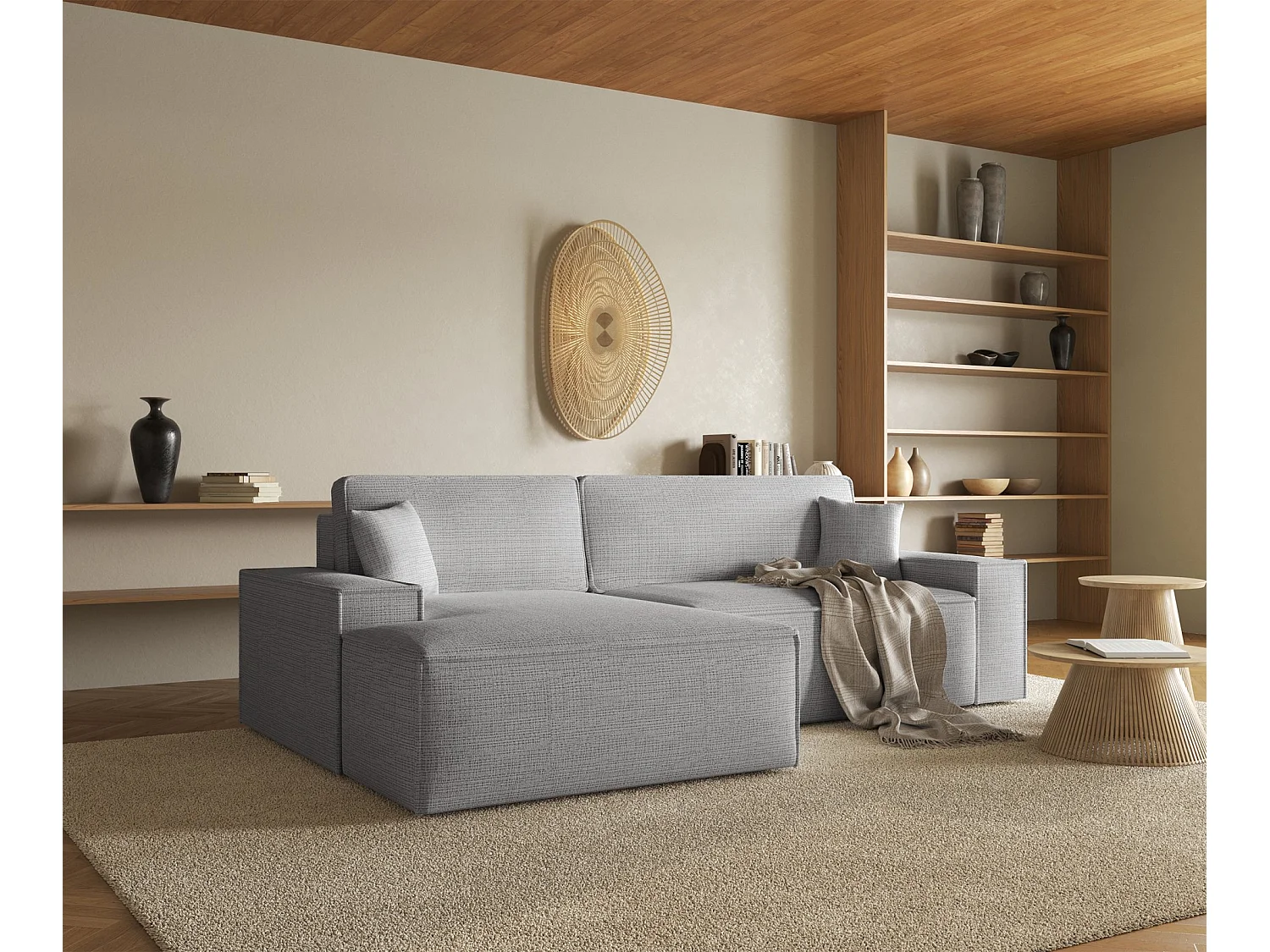 Canapé d'angle en forme de L avec fonction de couchage - tissu chenille - gris clair - côté gauche - FARESE NEW