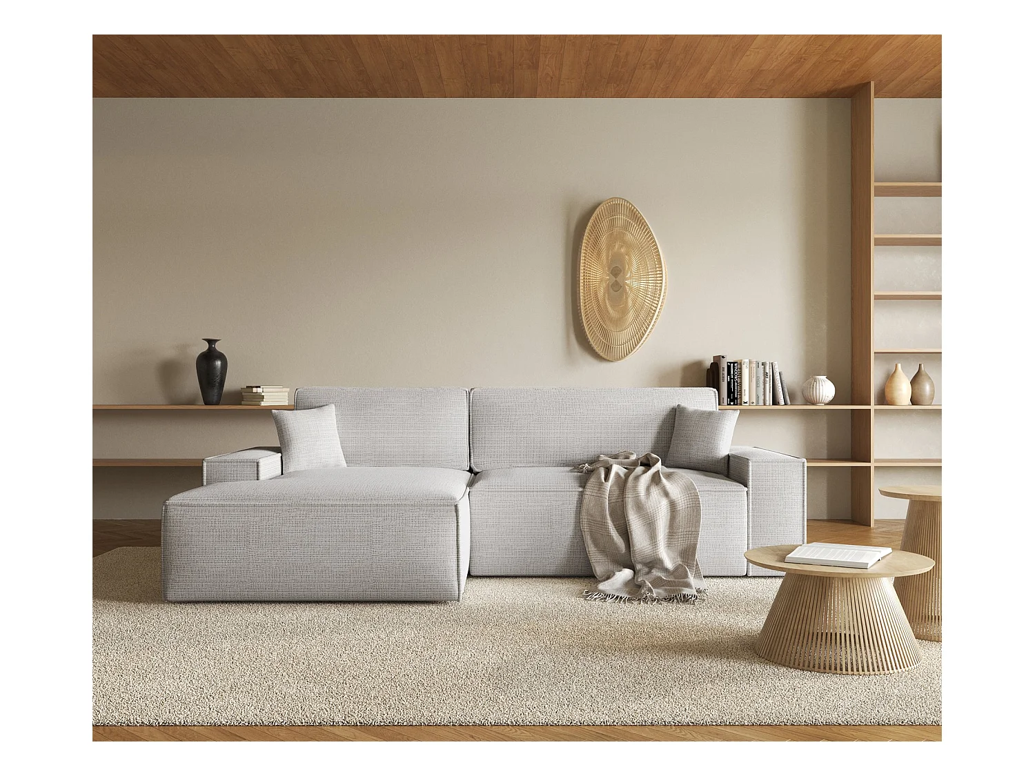Canapé d'angle en forme de L avec fonction de couchage - tissu chenille - beige-gris - côté gauche - FARESE NEW