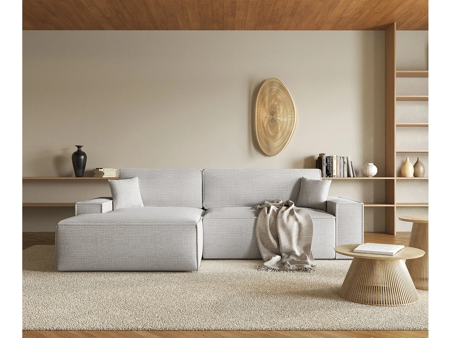 Canapé d'angle en forme de L avec fonction de couchage - tissu chenille - beige-gris - côté gauche - FARESE NEW