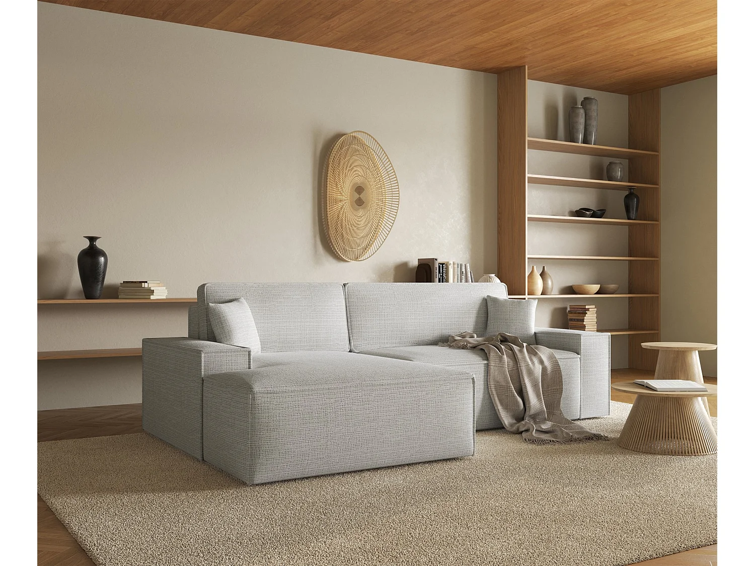 Canapé d'angle en forme de L avec fonction de couchage - tissu chenille - beige-gris - côté gauche - FARESE NEW