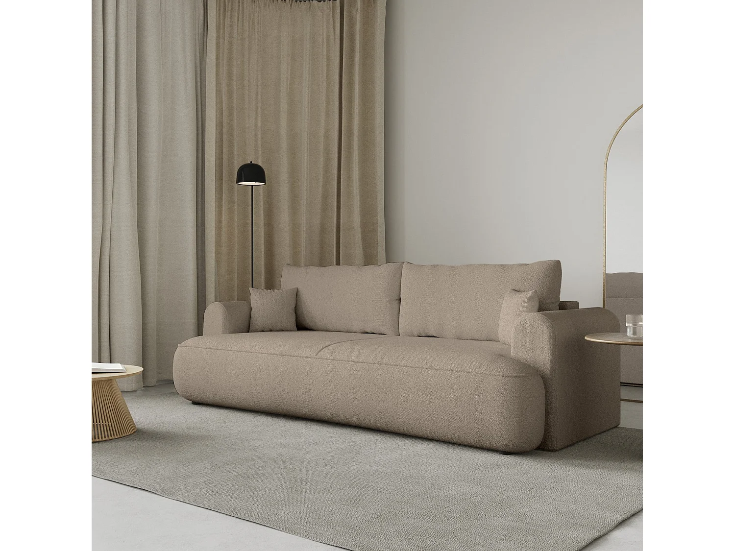 Canapé convertible trois places - tissu chenille beige - OVO