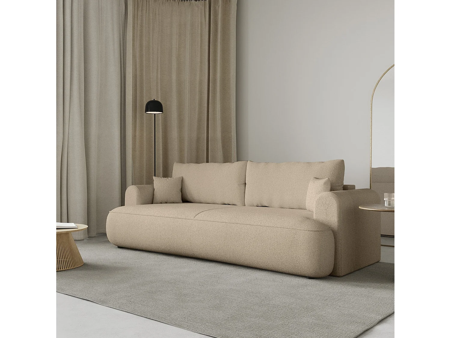 Canapé convertible trois places - tissu chenille beige clair - OVO