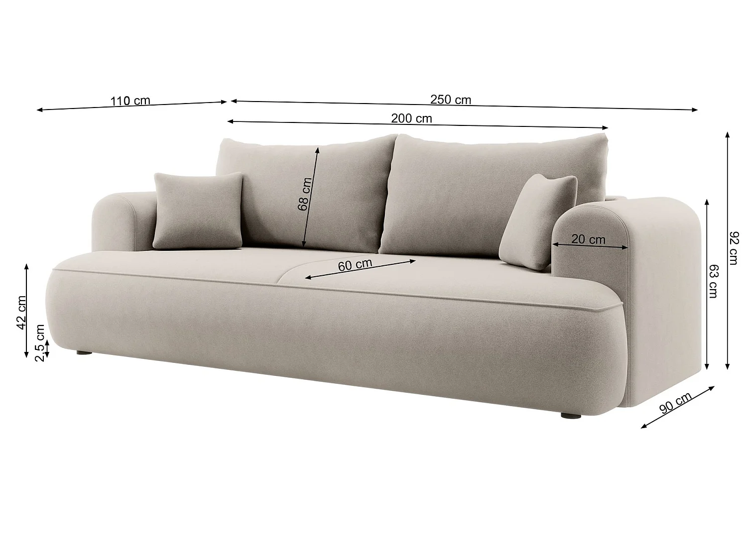 Canapé convertible trois places - tissu chenille beige clair - OVO