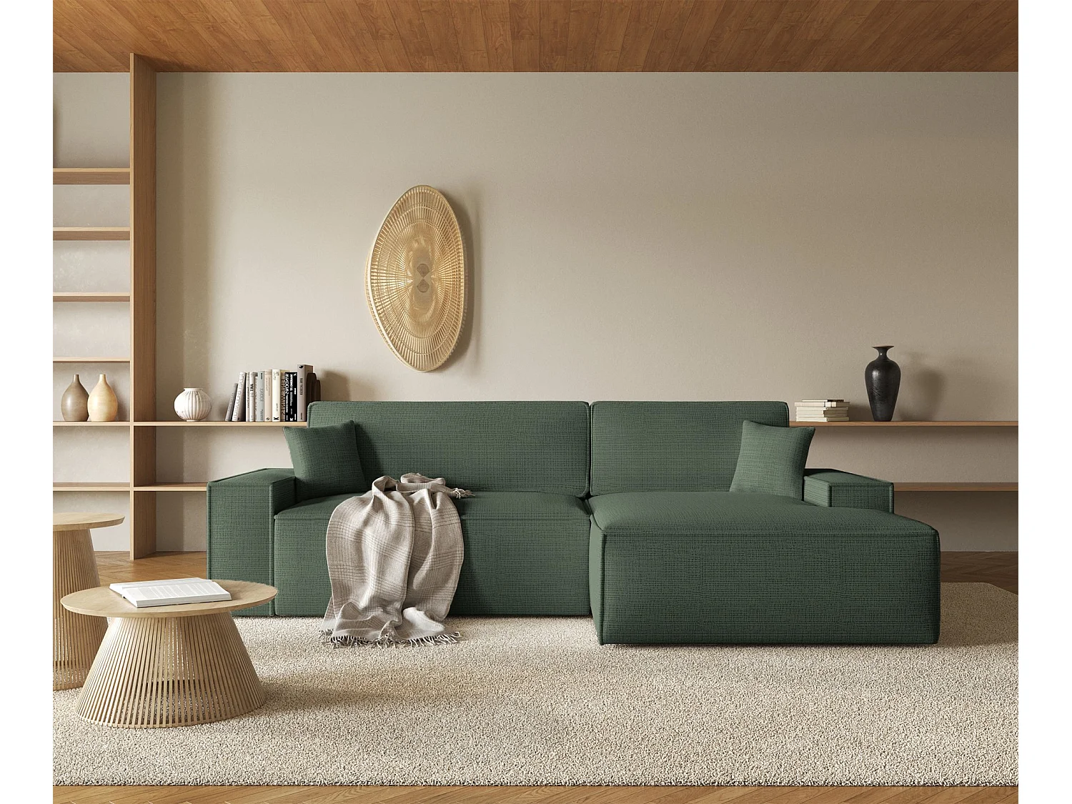 L-vormige hoekbank met slaapfunctie - chenillestof - salie - rechterkant - FARESE NIEUW