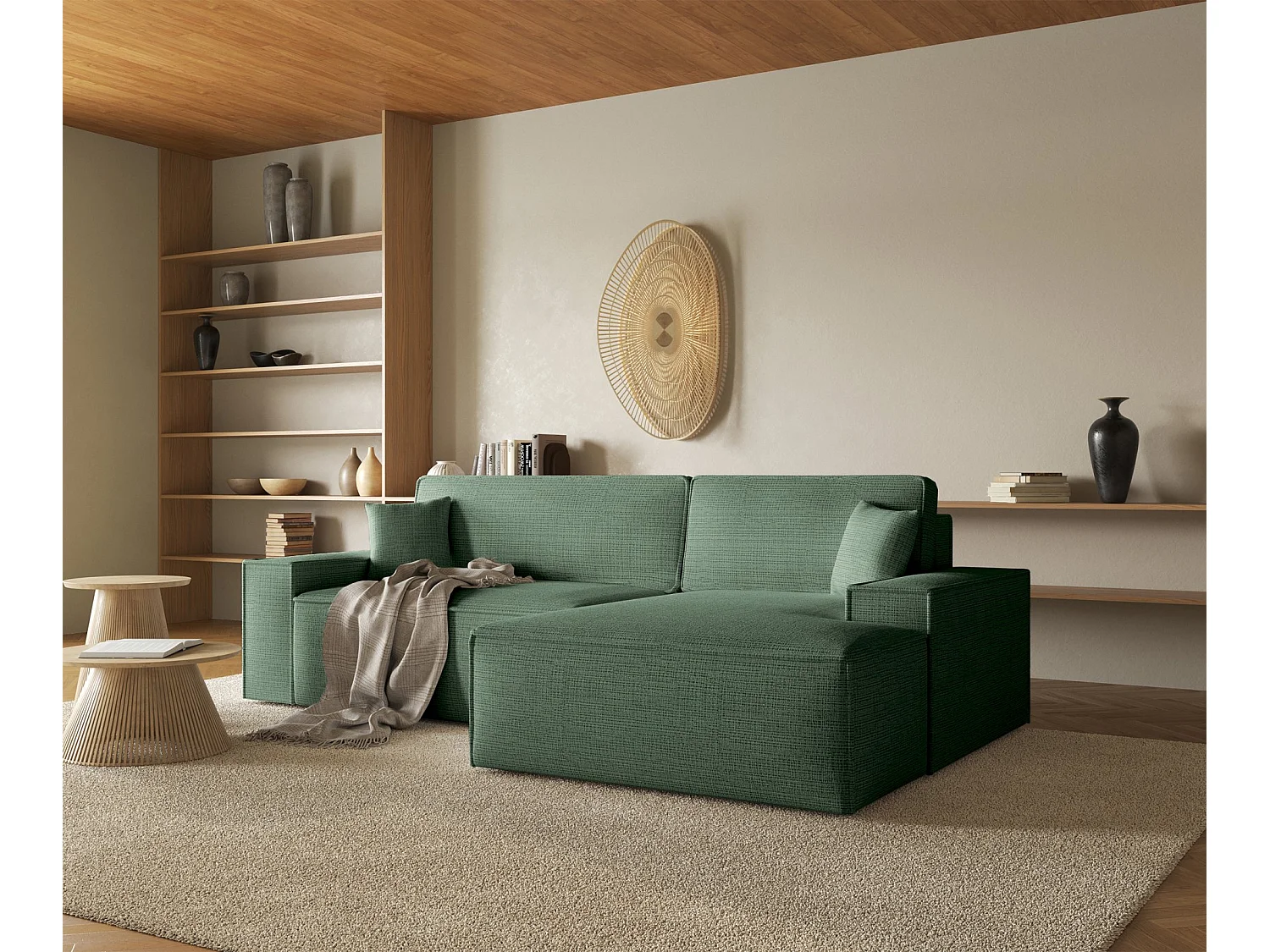 L-vormige hoekbank met slaapfunctie - chenillestof - salie - rechterkant - FARESE NIEUW