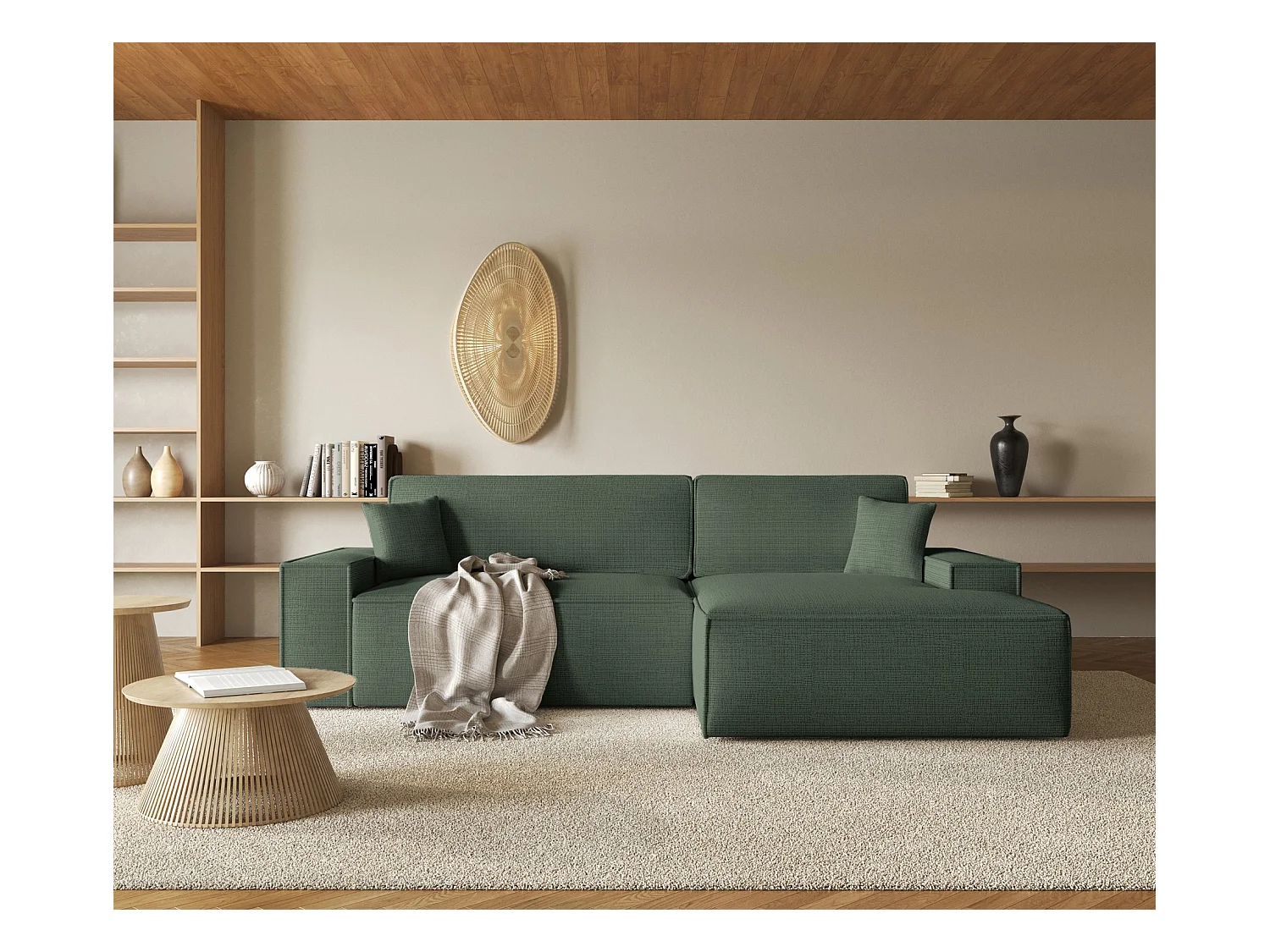 Canapé d'angle en forme de L avec fonction de couchage - tissu chenille - sauge - côté droit - FARESE NEW