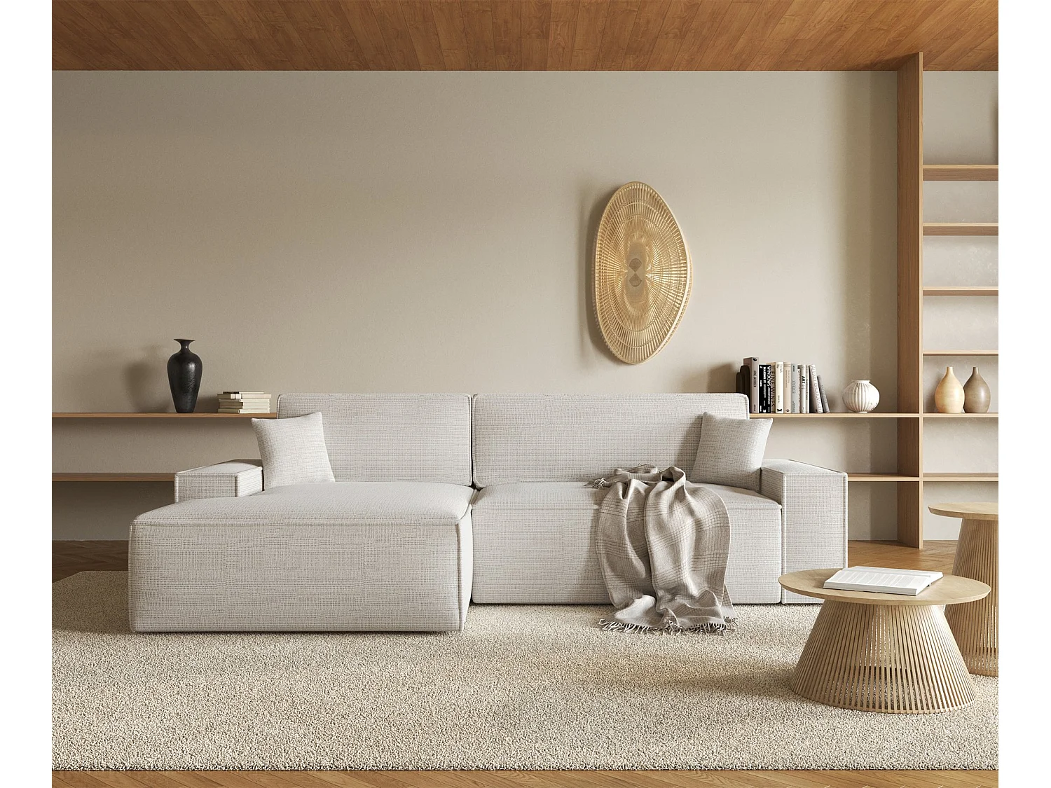 Ecksofa mit Schlaffunktion - Chenille-Bezug - hellbeige - linksseitig - FARESE NEW