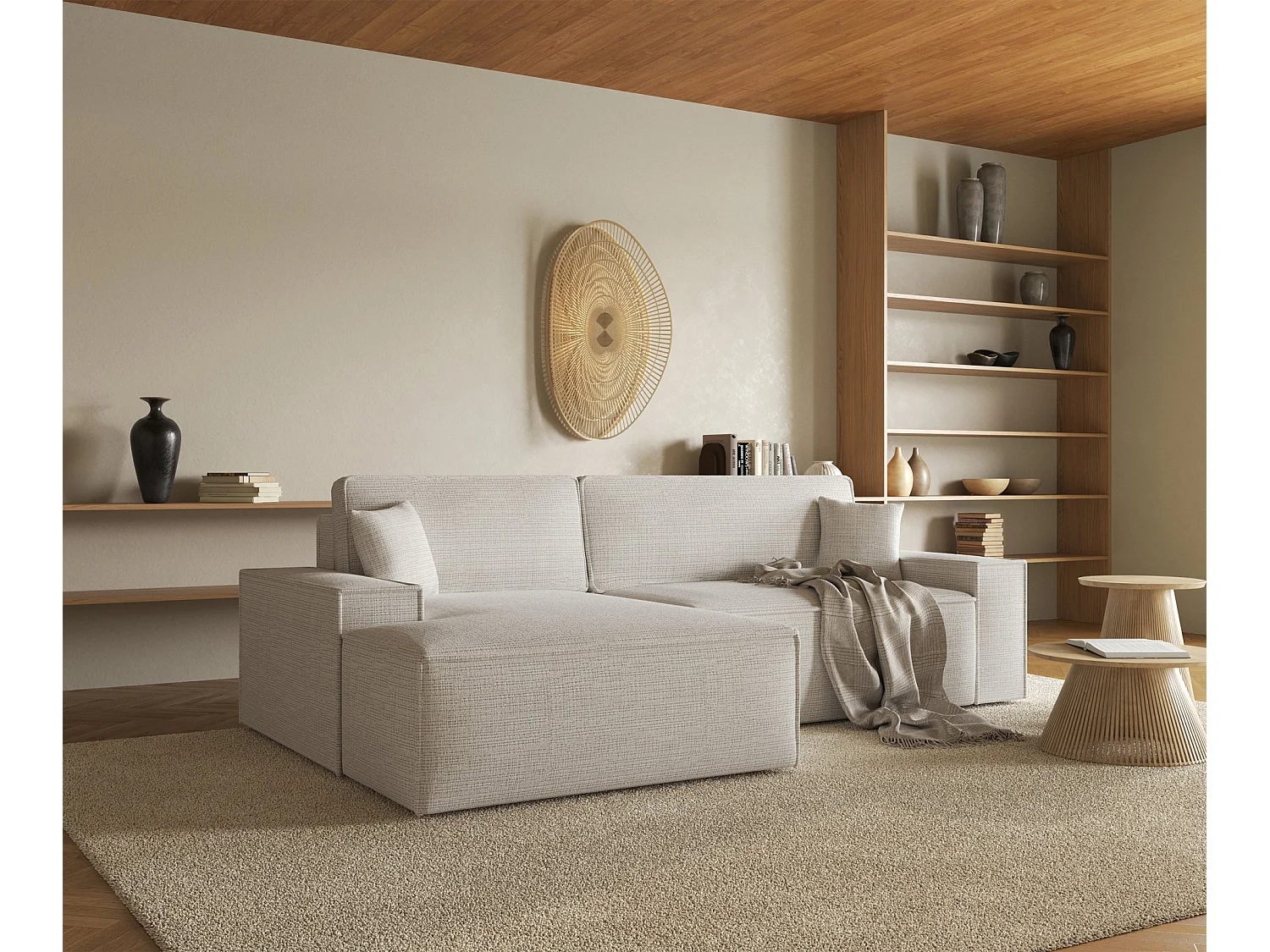 Ecksofa mit Schlaffunktion - Chenille-Bezug - hellbeige - linksseitig - FARESE NEW