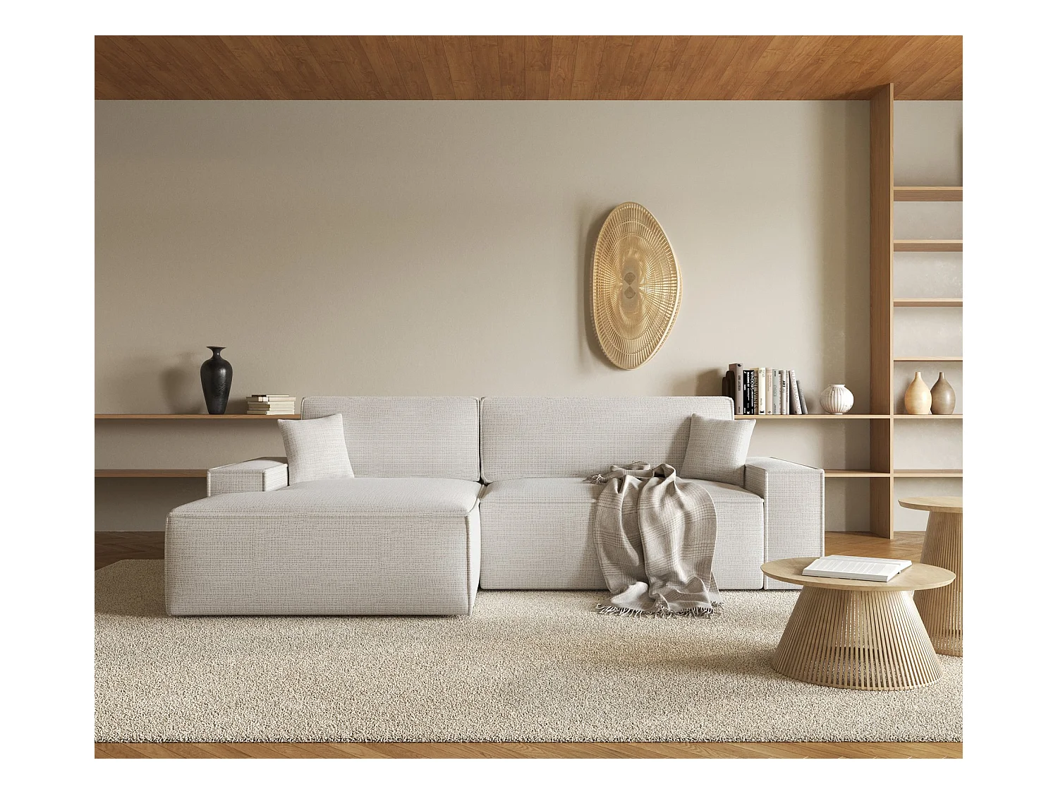 Canapé d'angle en forme de L avec fonction de couchage - tissu chenille - beige clair - côté gauche - FARESE NEW
