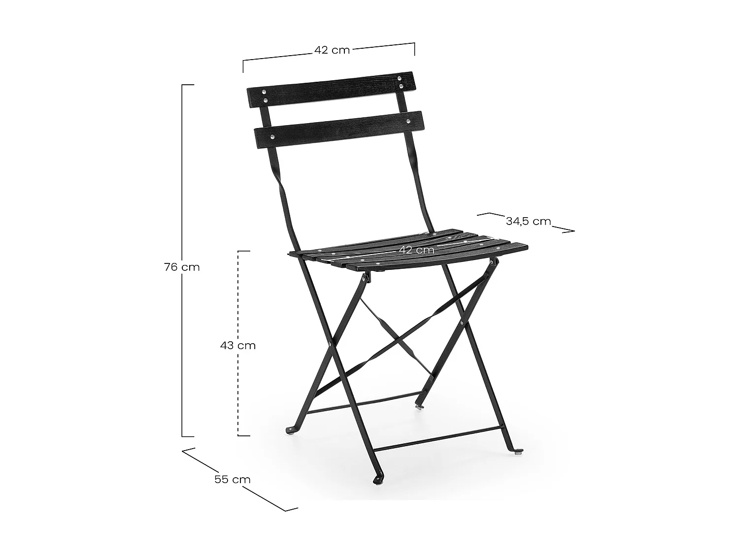 Pack de 2 chaises de jardin pliantes Agata en bois et métal noir
