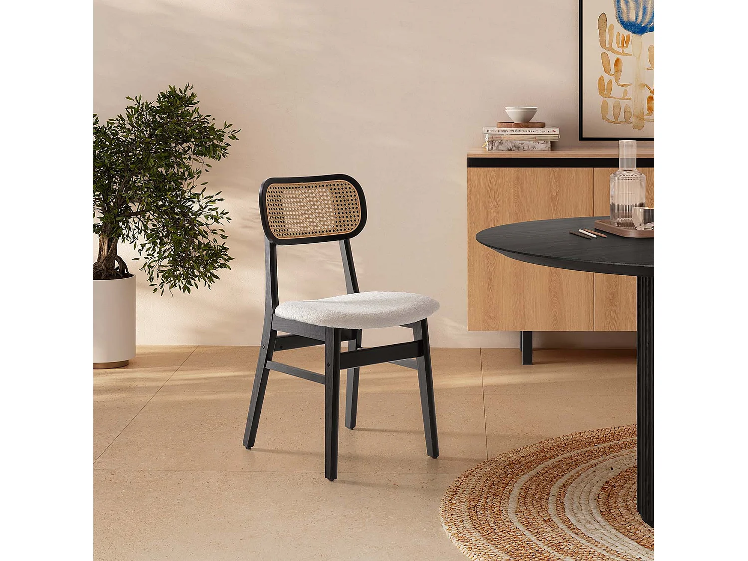 Set di 2 sedie Boira nere con tessuto shearling e rattan sintetico