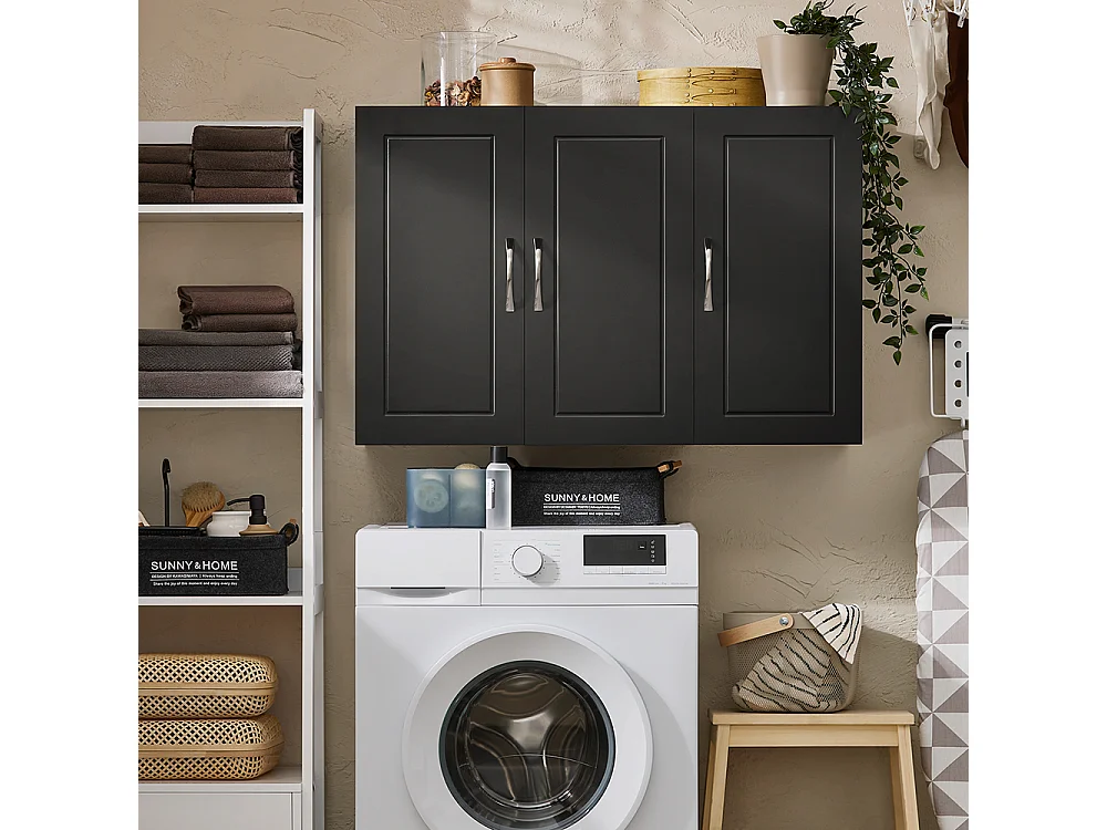 SoBuy Armoire Murale de Salle de Bain, Placard de Rangement, Meuble de Rangement Suspendu, Meuble Haut avec 3 Portes, 90x30x60 cm, Noir, FRG231-L-SCH