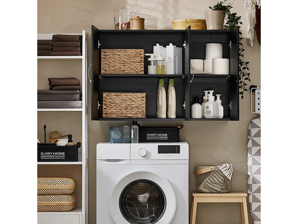 SoBuy Armoire Murale de Salle de Bain, Placard de Rangement, Meuble de Rangement Suspendu, Meuble Haut avec 3 Portes, 90x30x60 cm, Noir, FRG231-L-SCH