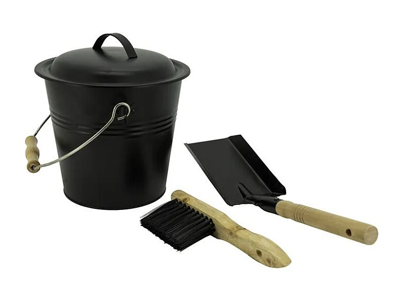 Seau à cendres + pelle + balai en zinc noir