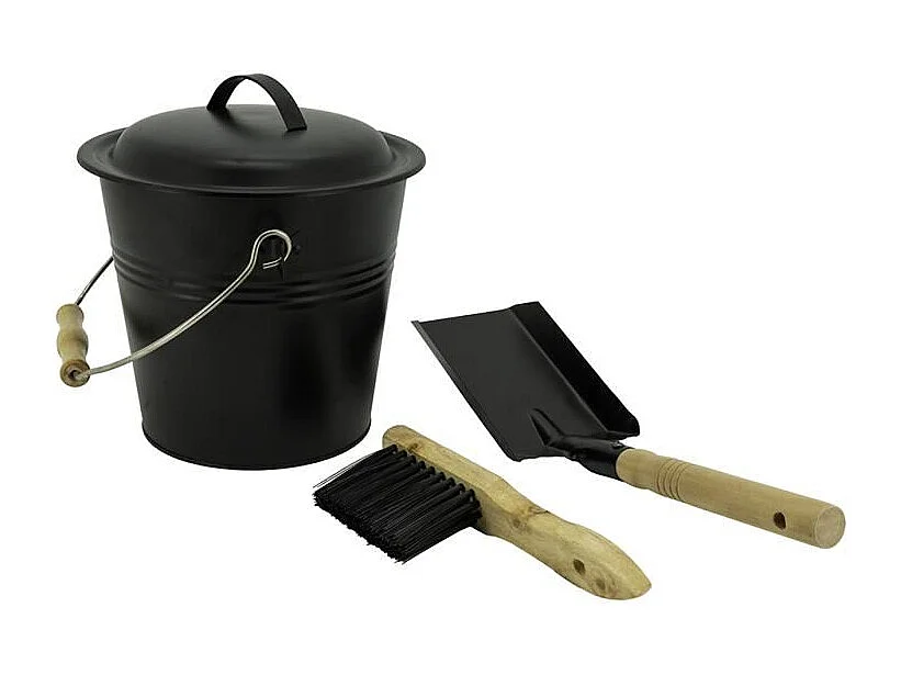 Seau à cendres + pelle + balai en zinc noir