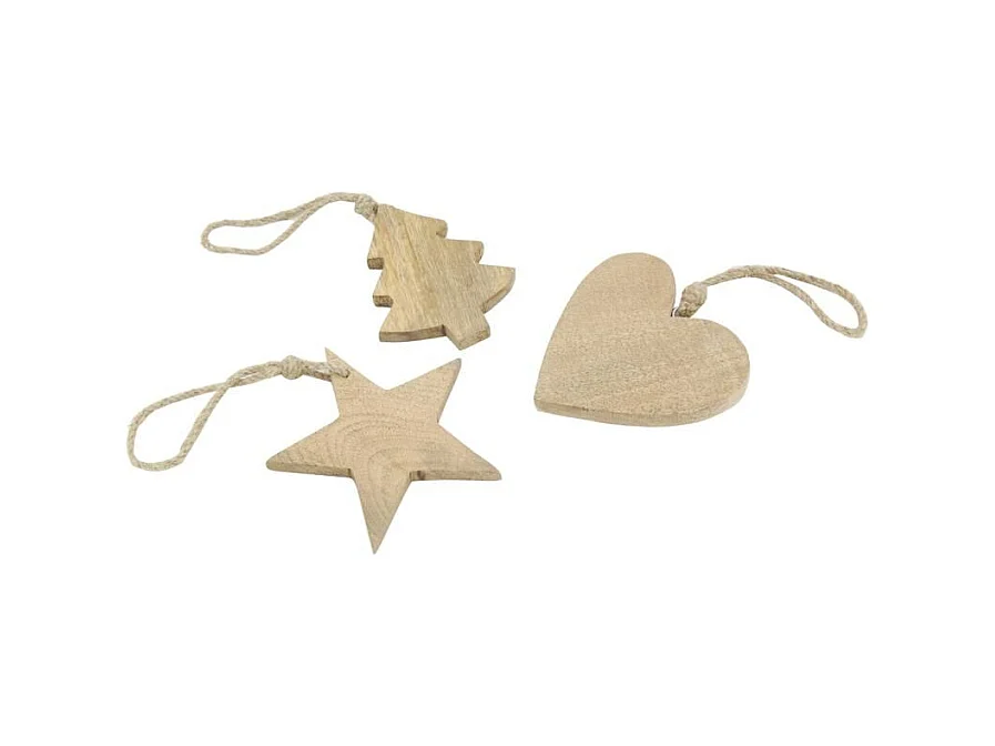 Suspensions de Noël en manguier naturel (lot de 3)