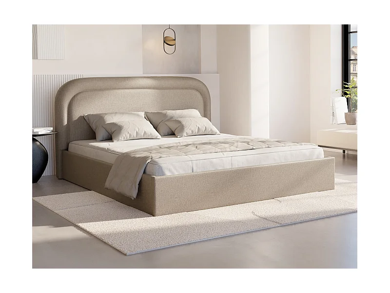 Letto con contenitore 140 x 190 cm Tessuto chiné Beige + Materasso - FIREZA
