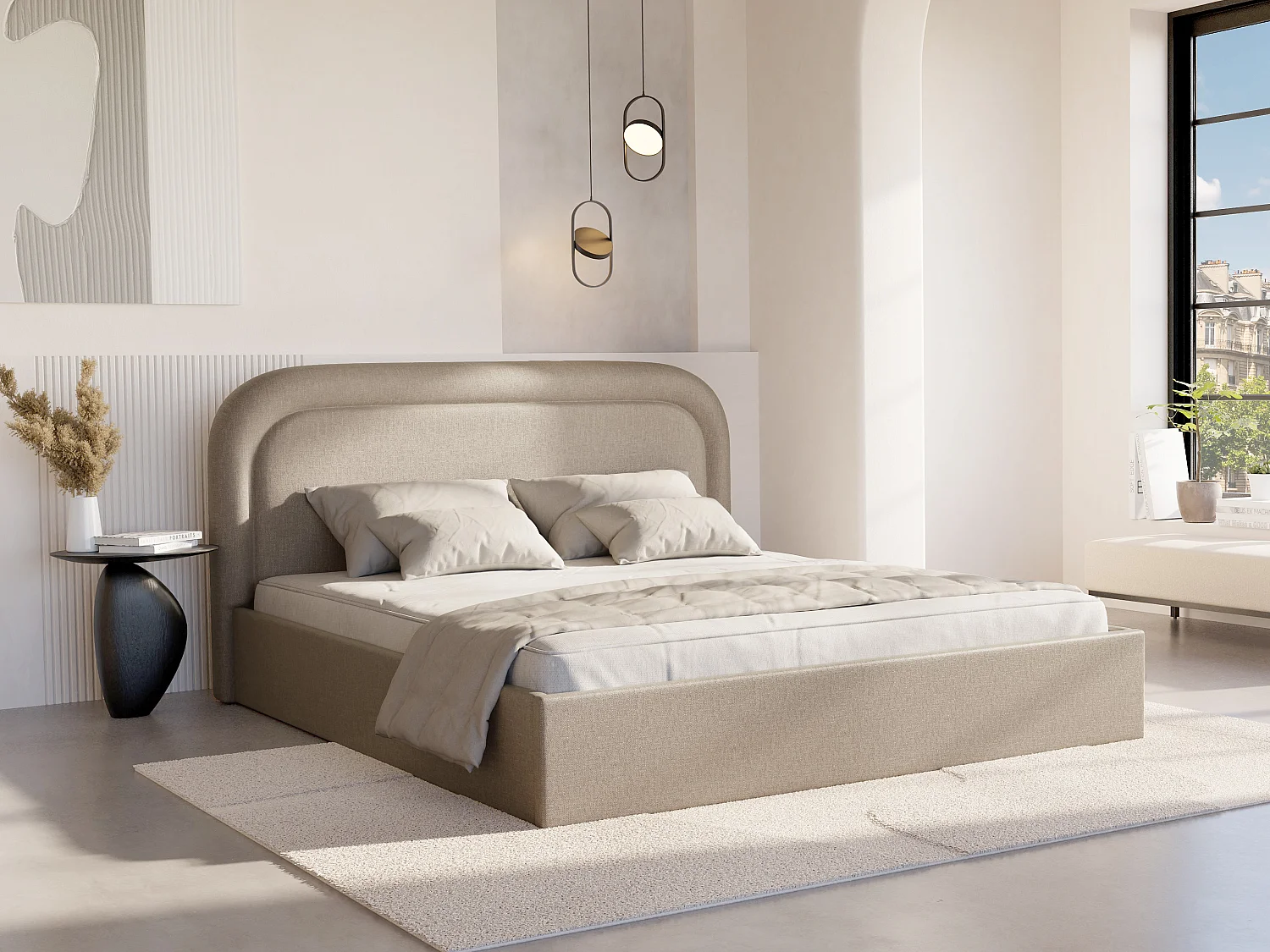Letto con contenitore 140 x 190 cm Tessuto chiné Beige + Materasso - FIREZA