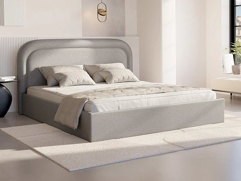 Lit coffre 140 x 190 cm - Tissu chiné - Gris clair + Matelas - FIREZA