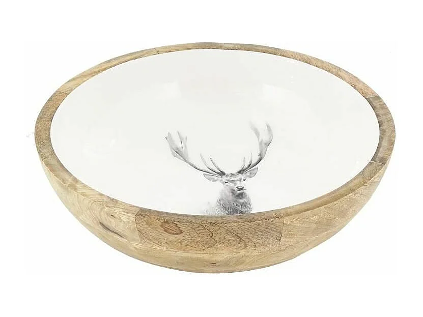 Corbeille ronde en manguier avec résine blanche décor Cerf