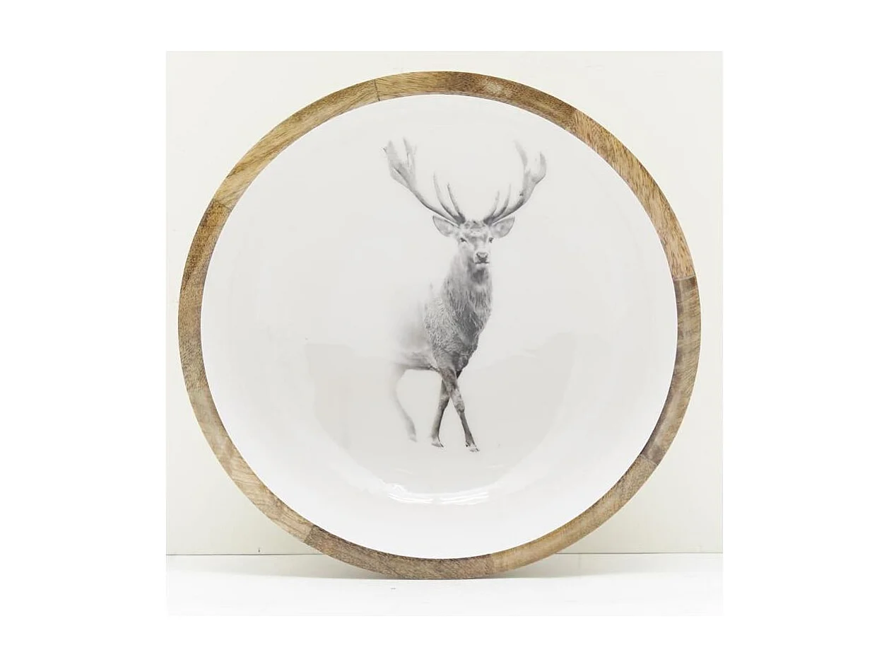 Corbeille ronde en manguier avec résine blanche décor Cerf