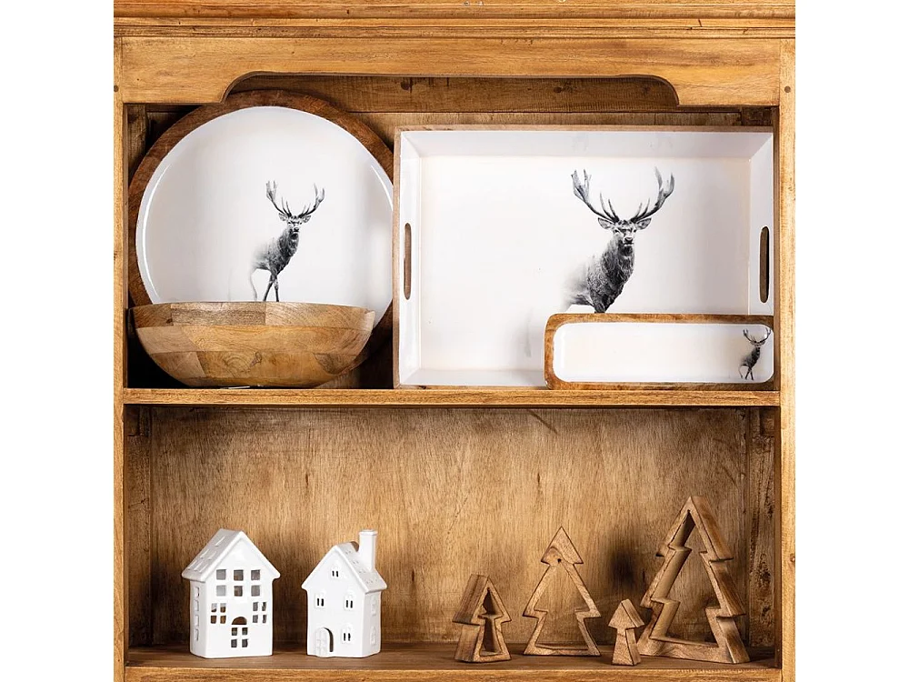 Corbeille ronde en manguier avec résine blanche décor Cerf