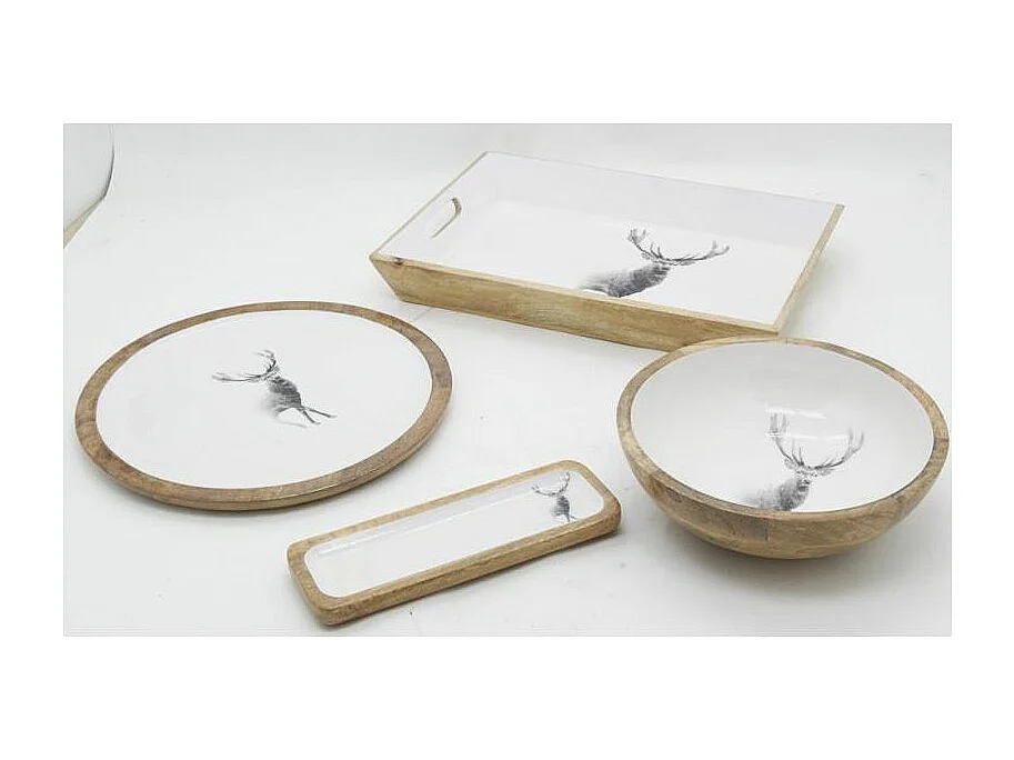 Corbeille ronde en manguier avec résine blanche décor Cerf