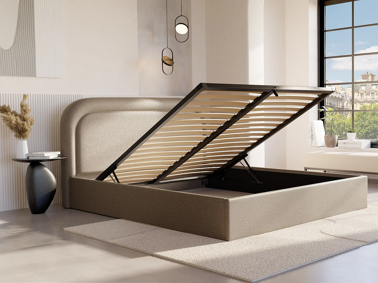 Cama com espaço de arrumação 160x200 cm tecido matizado bege + colchão - FIREZA