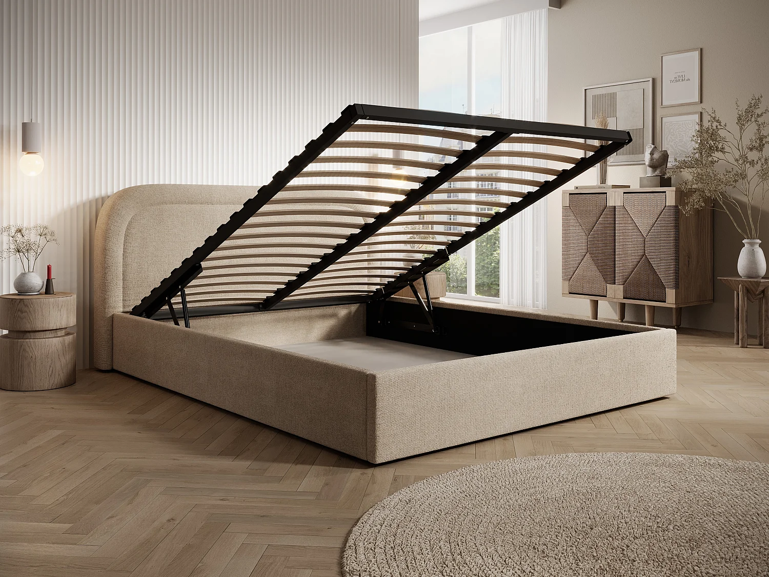 Lit coffre 160 x 200 cm - Tissu chiné - Beige + Matelas - FIREZA