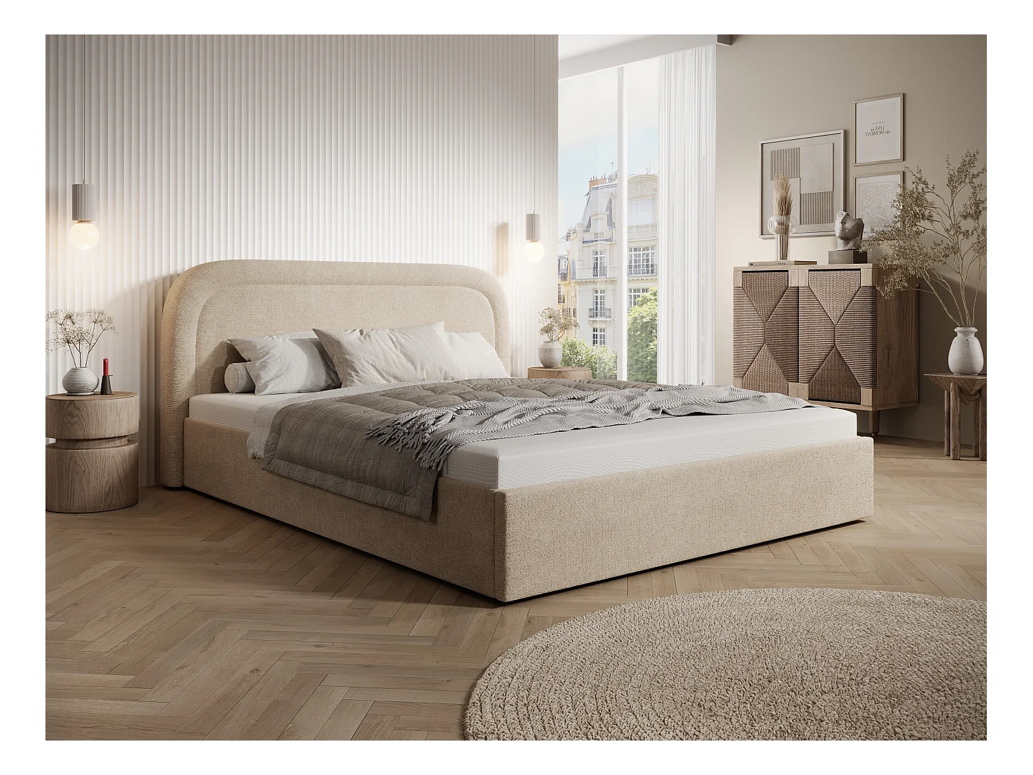 Lit coffre 160 x 200 cm - Tissu chiné - Beige + Matelas - FIREZA
