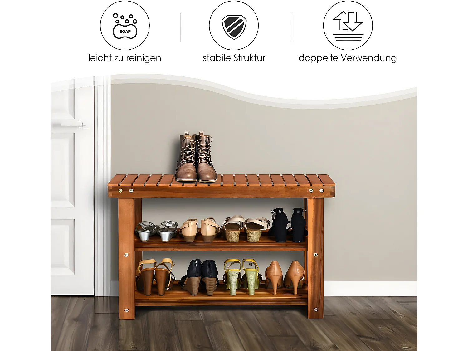 Schuhregal mit Sitzbank, Schuhbank mit 2 Ablagen, Schuhschrank aus Holz, Schuhständer für Bad, Wohnzimmer und Eingangsbereich, 50 x 28 x 45 cm