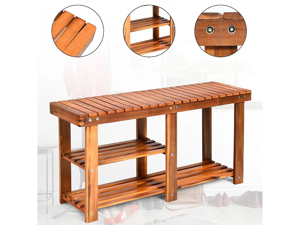 Meuble à Chaussures en Bois d'Acacia Étagère Banc à Chaussures 3 Niveaux Conception à Lattes Charge 160KG 87x28x45CM