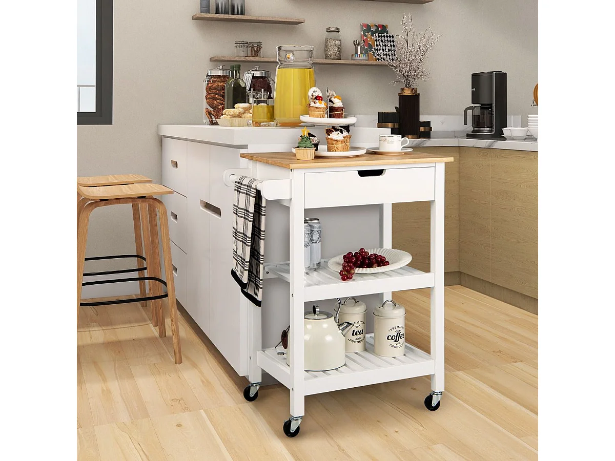 Carrello cucina con ruote cassetto piano in bambù, Isola portaoggetti da bar cucina sala da pranzo Bianco