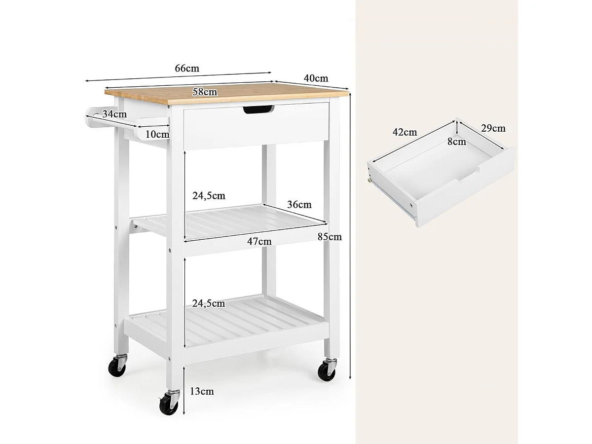 Carrello cucina con ruote cassetto piano in bambù, Isola portaoggetti da bar cucina sala da pranzo Bianco