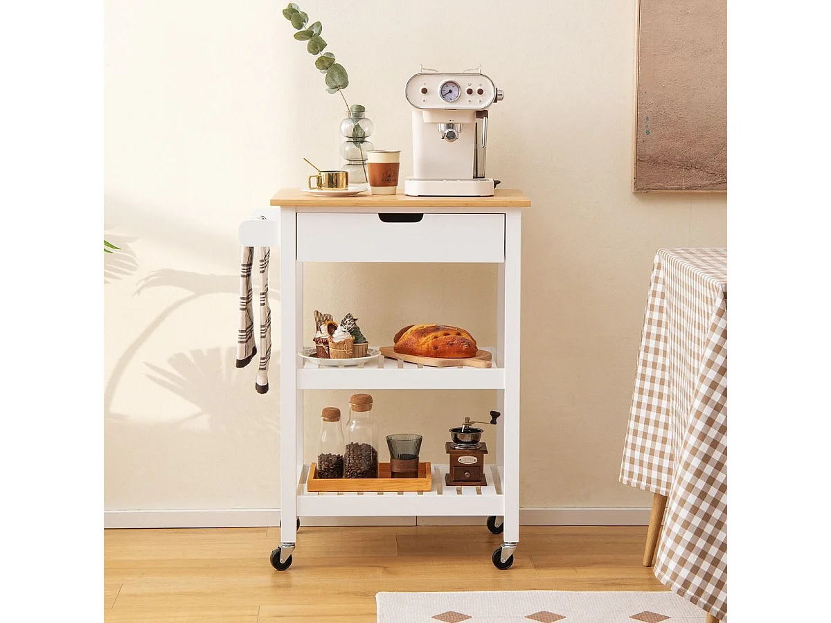 Carrello cucina con ruote cassetto piano in bambù, Isola portaoggetti da bar cucina sala da pranzo Bianco