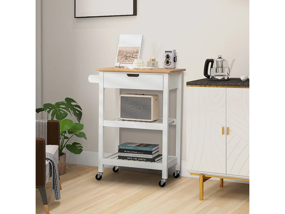 Carrello cucina con ruote cassetto piano in bambù, Isola portaoggetti da bar cucina sala da pranzo Bianco