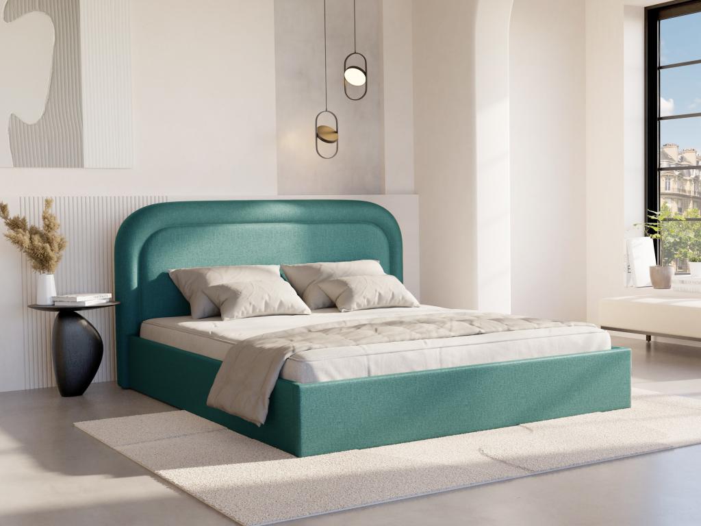 Lit coffre 160 x 200 cm - Tissu chiné - Bleu canard + Matelas - FIREZA