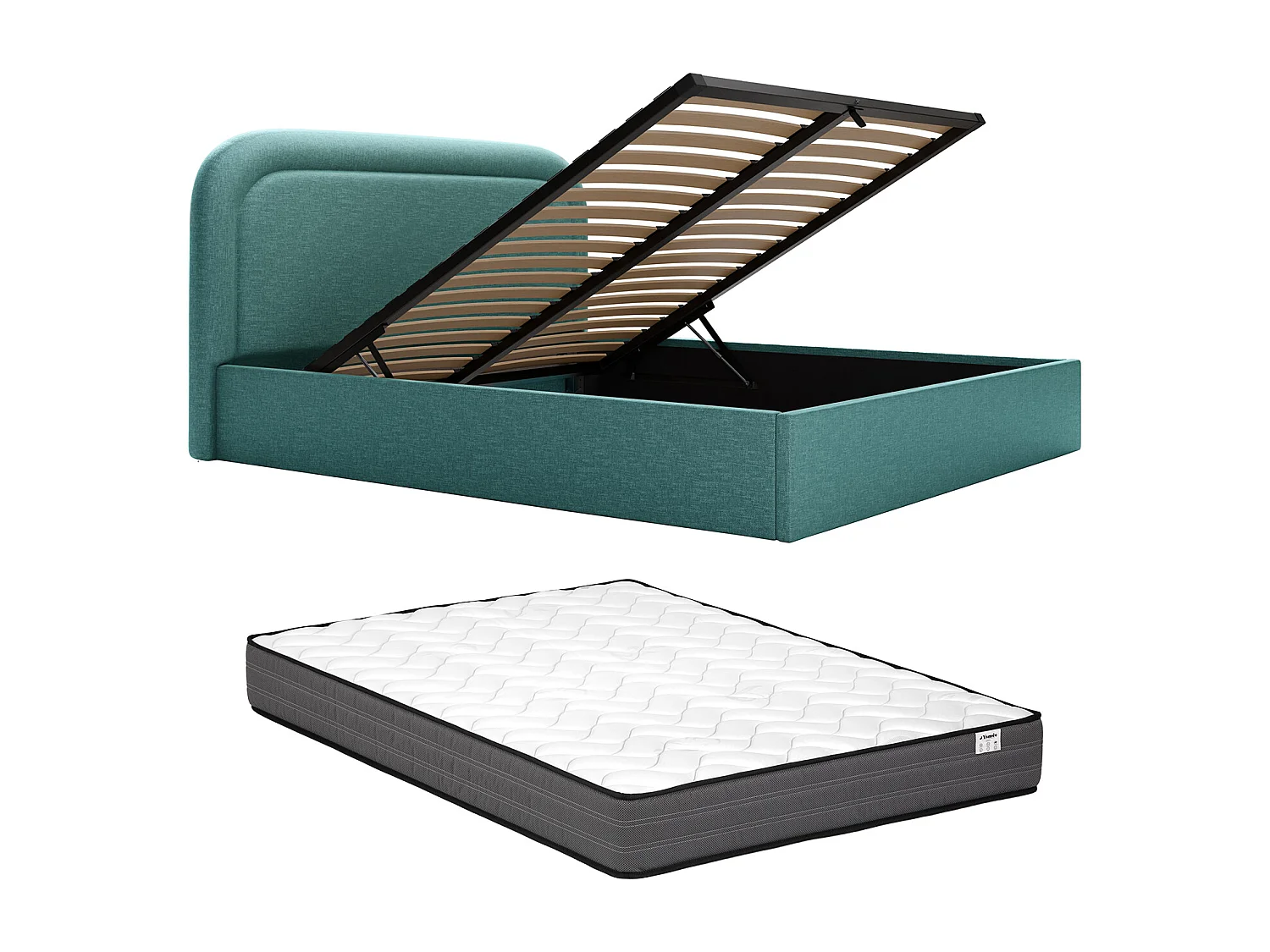 Letto con contenitore 160 x 200 cm Tessuto chiné Verde petrolio + Materasso - FIREZA