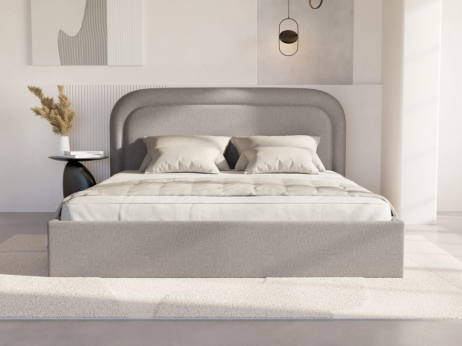 Bed met opbergruimte 160 x 200 cm - Gevlamde stof - Lichtgrijs + matras - FIREZA