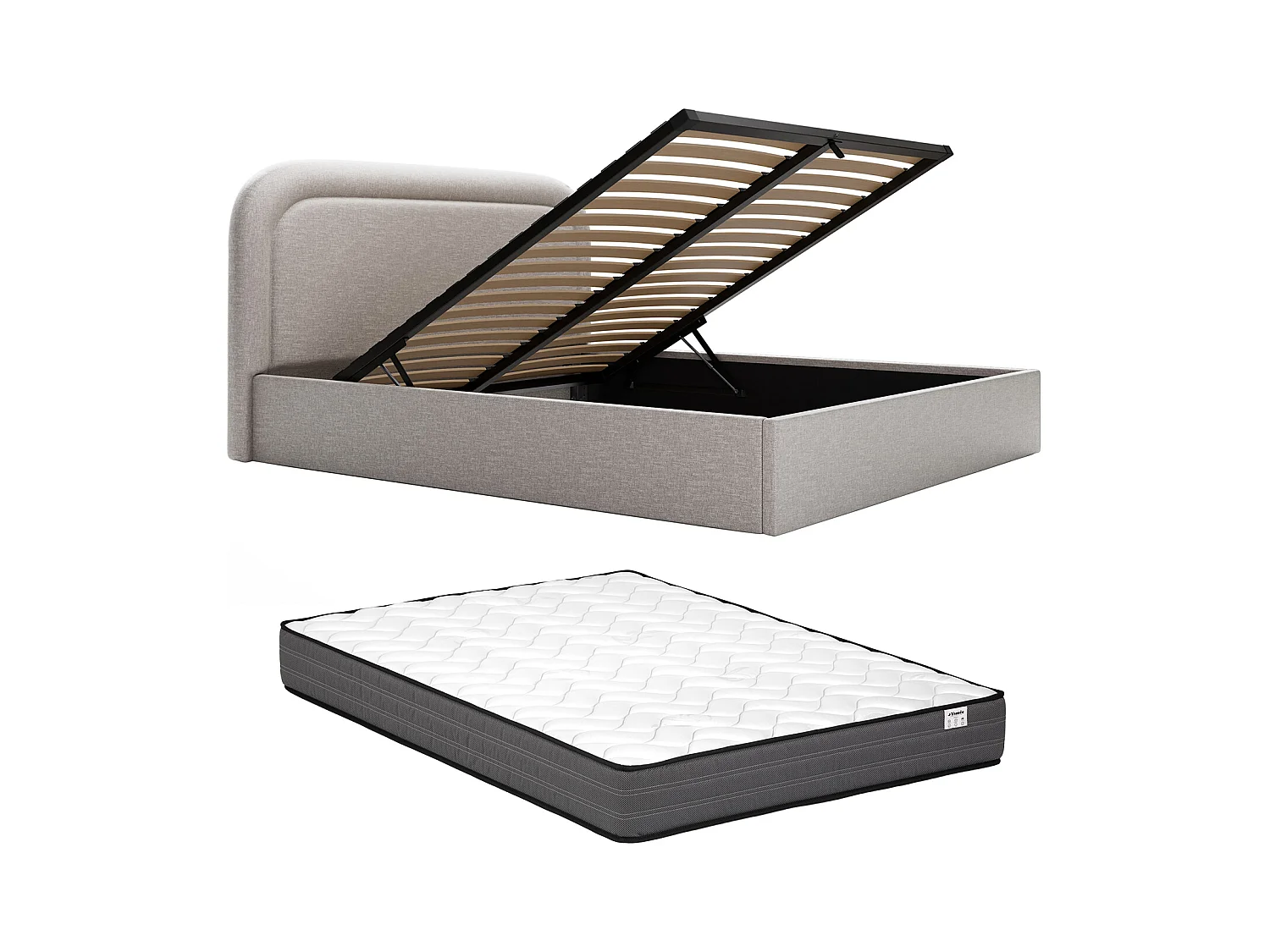 Lit coffre 160 x 200 cm - Tissu chiné - Gris clair + Matelas - FIREZA