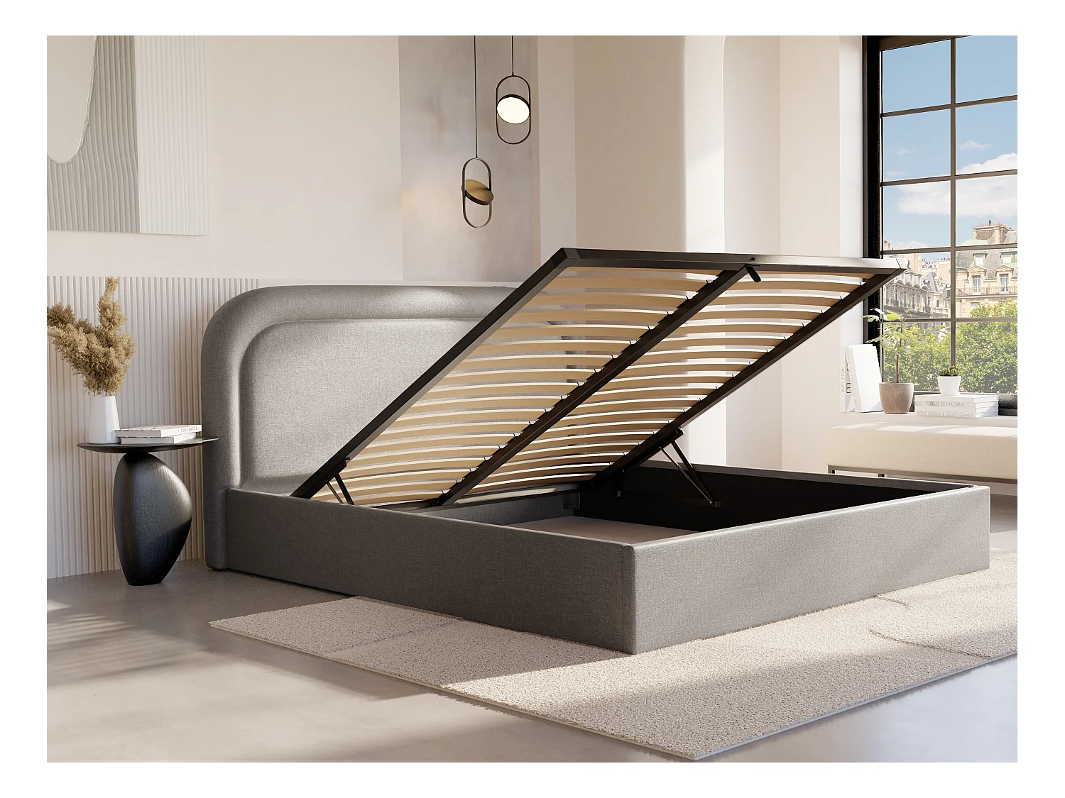 Lit coffre 160 x 200 cm - Tissu chiné - Gris clair + Matelas - FIREZA