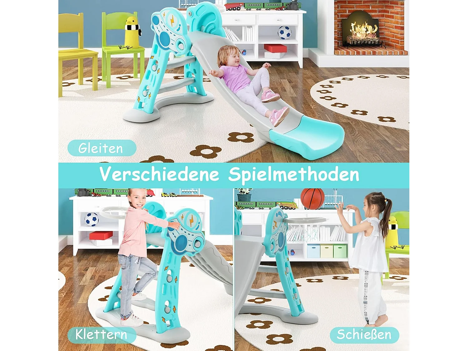 Kinder Rutsche, 3 in 1 Kinderrutsche & Leiter & Basketballkorb, Rutsche Indoor Outdoor ab 18 Monaten (Blau) FE32326