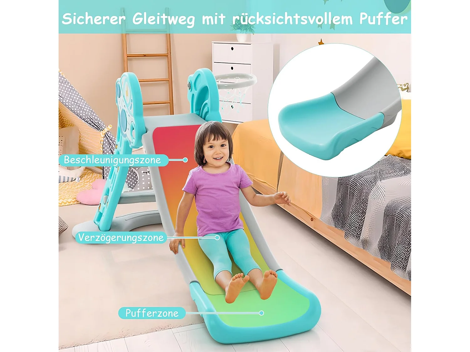 Kinder Rutsche, 3 in 1 Kinderrutsche & Leiter & Basketballkorb, Rutsche Indoor Outdoor ab 18 Monaten (Blau) FE32326