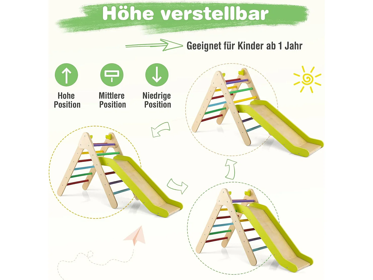 Kletterdreieck mit Rutsche, Klettergerüst aus Holz, Sprossendreieck zum Rutschen und Klettern, für Kinder ab 1 Jahre (Grün)