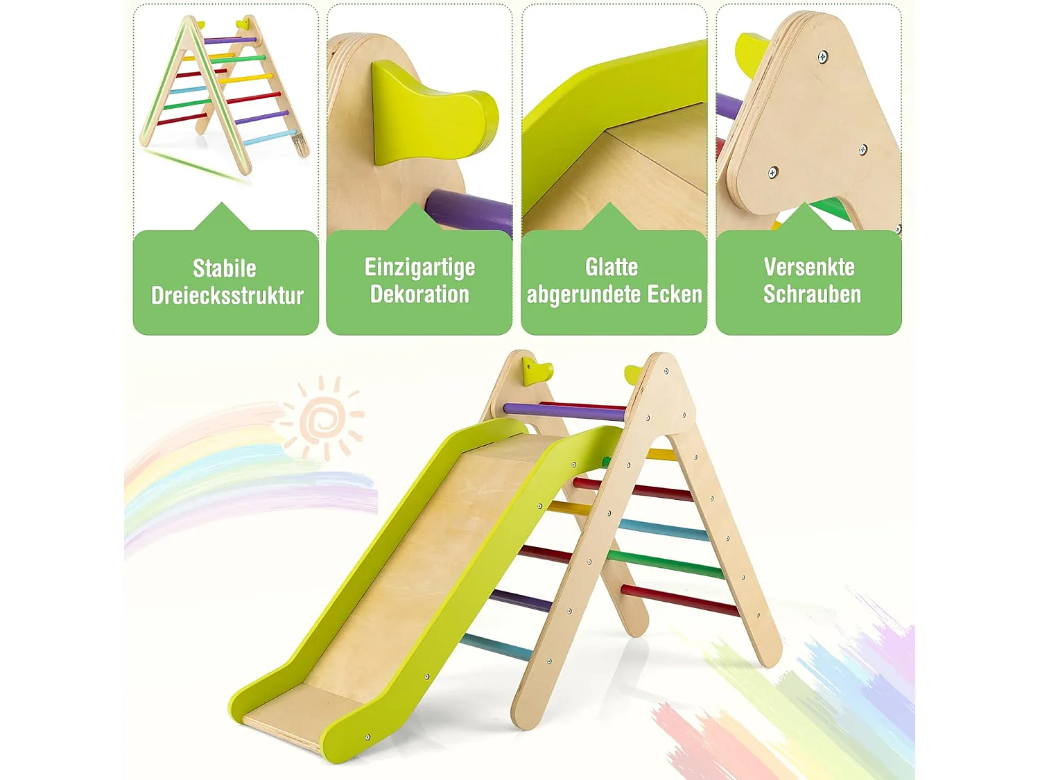 Kletterdreieck mit Rutsche, Klettergerüst aus Holz, Sprossendreieck zum Rutschen und Klettern, für Kinder ab 1 Jahre (Grün)