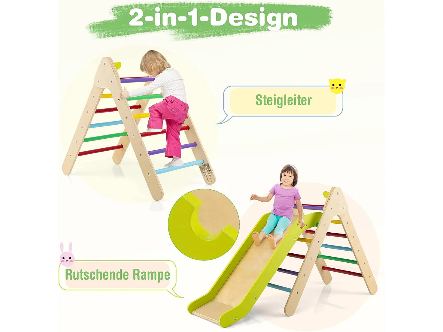 Kletterdreieck mit Rutsche, Klettergerüst aus Holz, Sprossendreieck zum Rutschen und Klettern, für Kinder ab 1 Jahre (Grün)