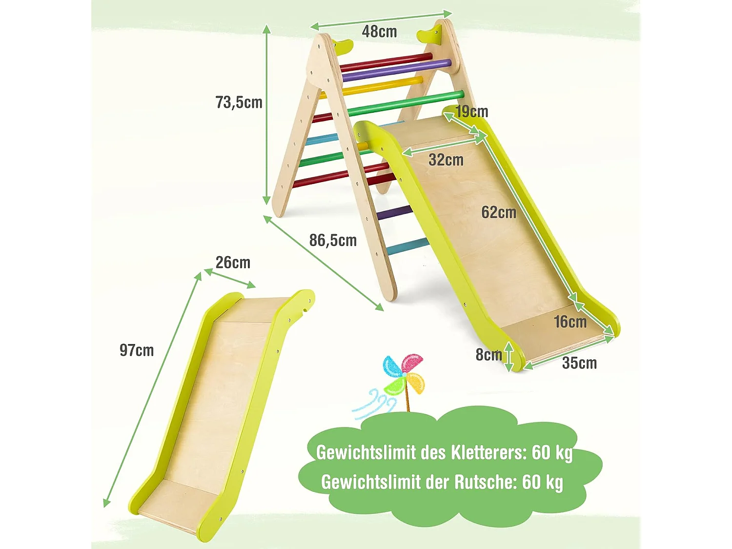 Kletterdreieck mit Rutsche, Klettergerüst aus Holz, Sprossendreieck zum Rutschen und Klettern, für Kinder ab 1 Jahre (Grün)