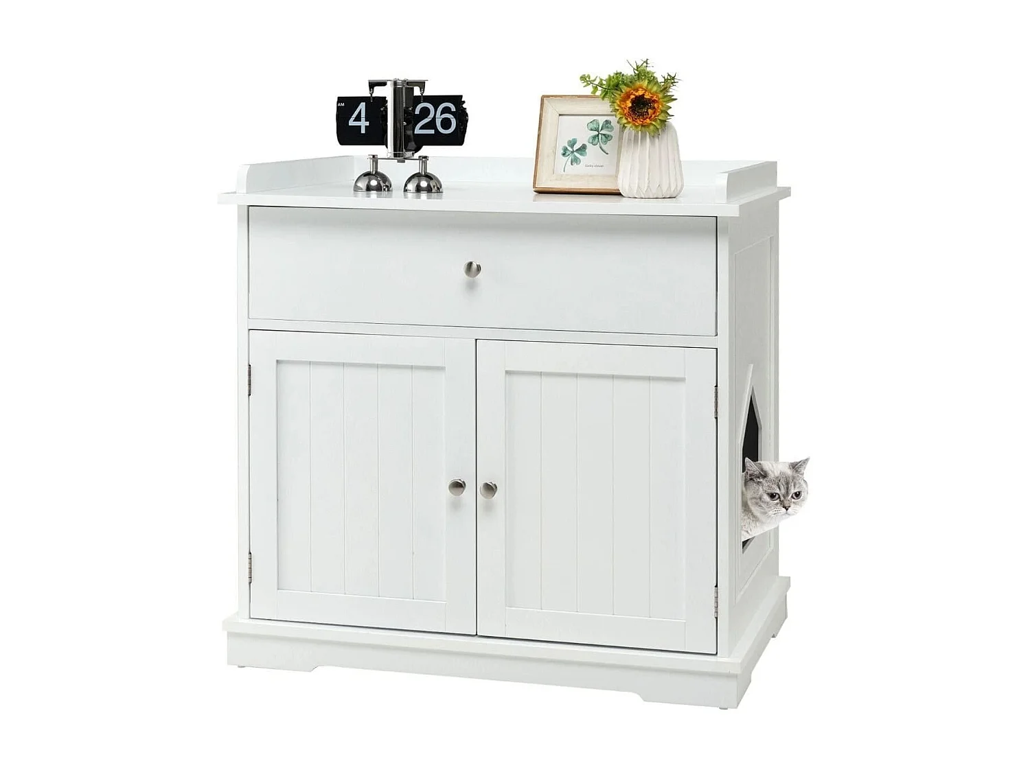 Moderne Dekorative Katzentoilette Beistelltisch mit Schublade und 2 Türen für den Innenbereich Weiß