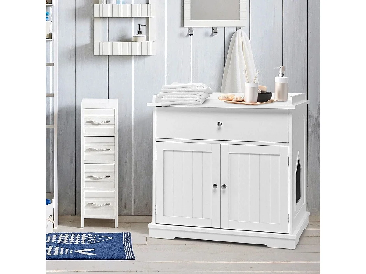 Enceinte de Bac à Litière pour Chat Meubles de Toilette Cachés pour Chat avec Tiroir et 2 Portes Table d'Appoint pour Chat