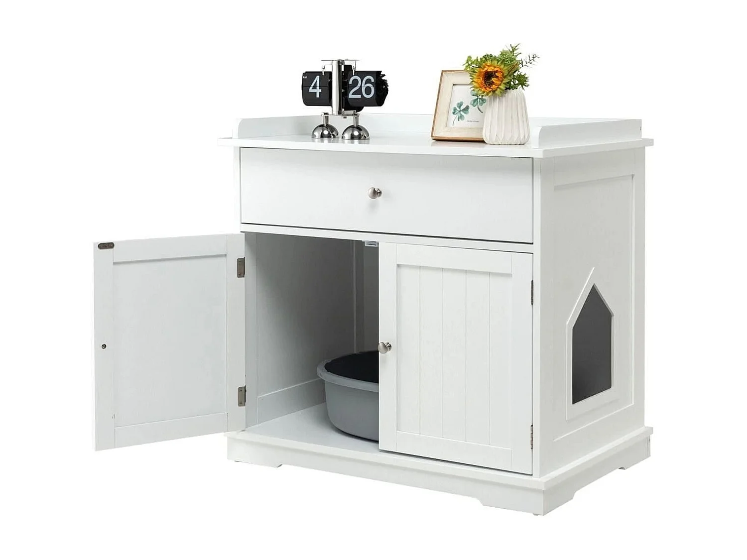 Enceinte de Bac à Litière pour Chat Meubles de Toilette Cachés pour Chat avec Tiroir et 2 Portes Table d'Appoint pour Chat